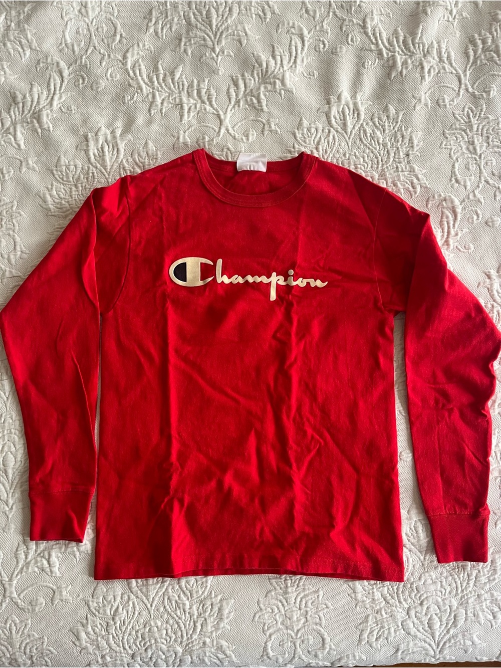 Champion Red Crewneck Long Sleeve T-Shirt with Cream Script Logo